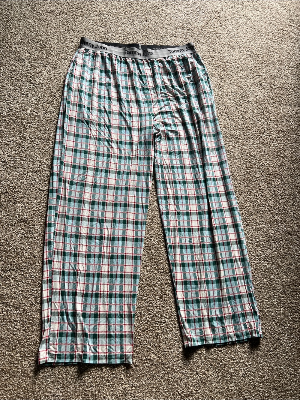 Tommy John Green and White Plaid Sleep Pants with Red Accents